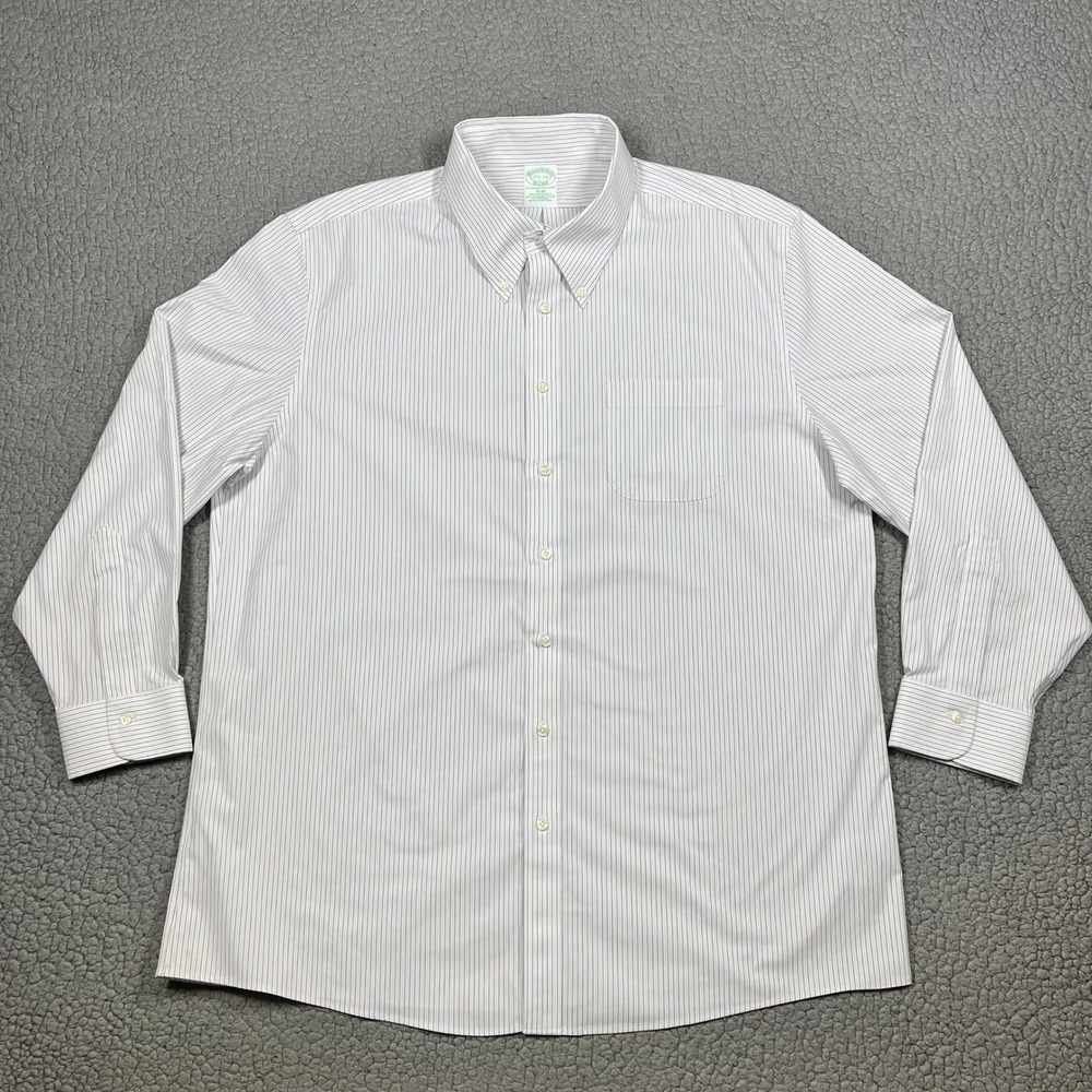 Brooks Brothers Button Down Men 17.5-33 Slim Non-Iron Stretch Striped White